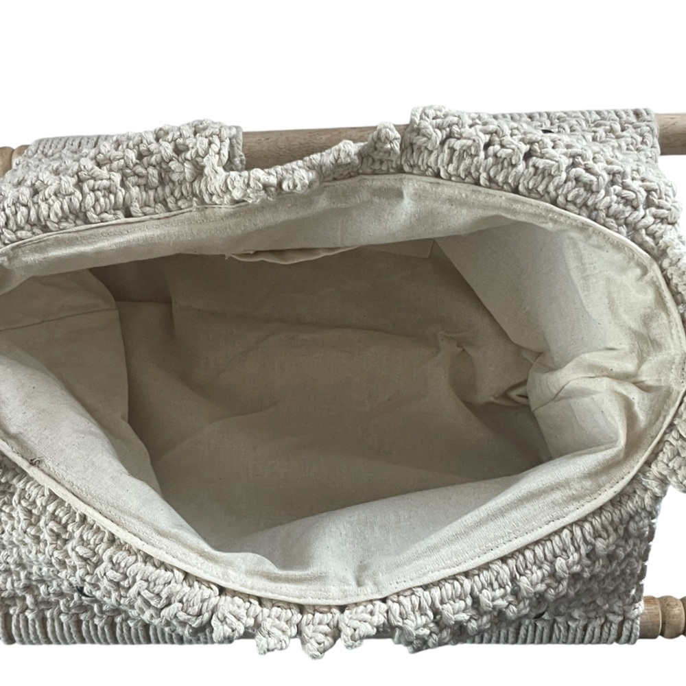 Virginia Wolf Macrame Tote Bag Natural Wood Handle Coastal Boho Beach Purse - Picture 3 of 7